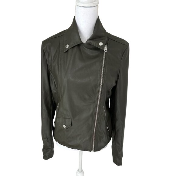 French Connection Womens Olive Green Faux Leather Moto Biker Jacket Size S - Picture 1 of 16